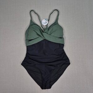 B2PRITY Women One‎ Piece Swimsuit Olive Green Black Ruched Tummy Control Size L